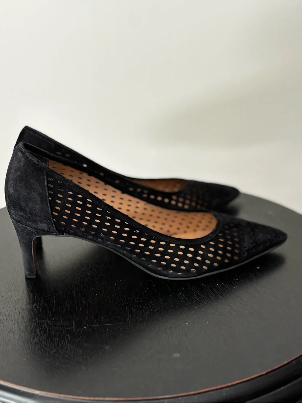 Franco Sarto Black Perforated Suede Pointed-Toe Pumps
